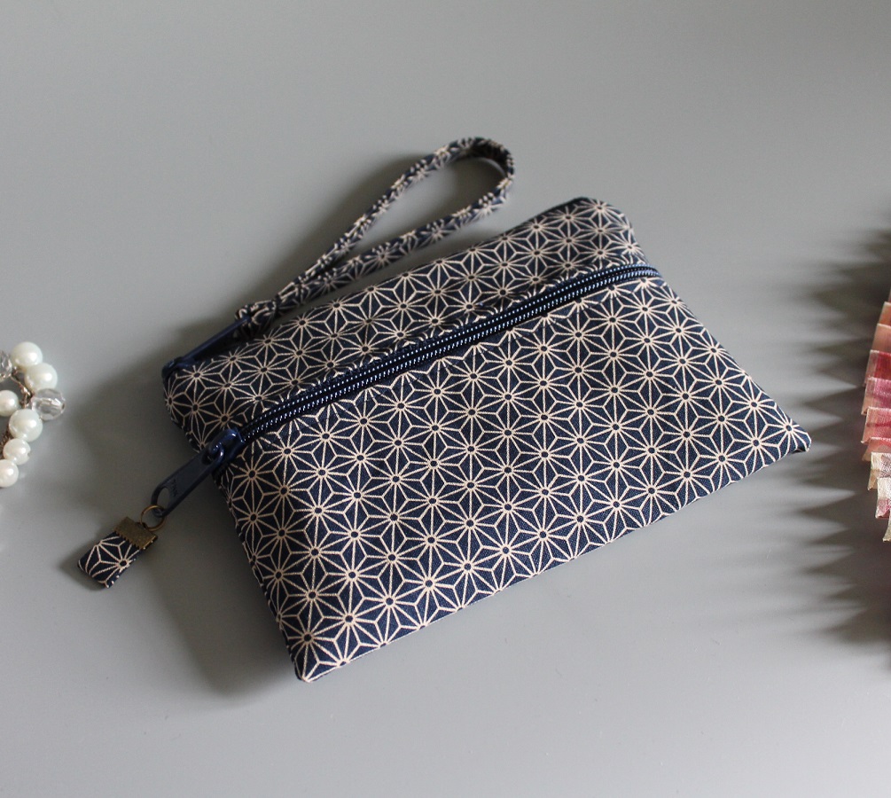 Coin purse 2 zippered pockets - Asanoha blue